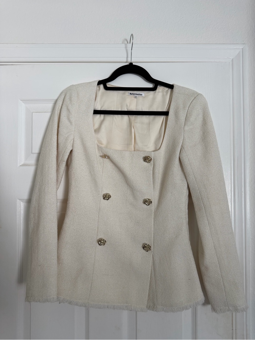 Reformation Ivory Double-Breasted Tweed Blazer with Gold Buttons